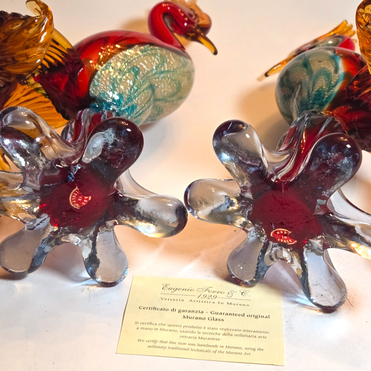 Murano Glass Bird Figurines with Silver Leaf Inclusions - Multi-Colour