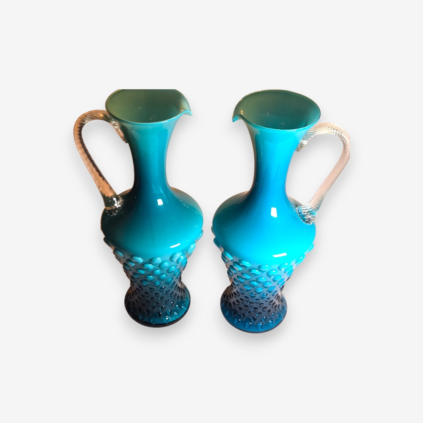 Pair of Vintage Opaline Glass Pitchers with Hobnail Texture - Blue