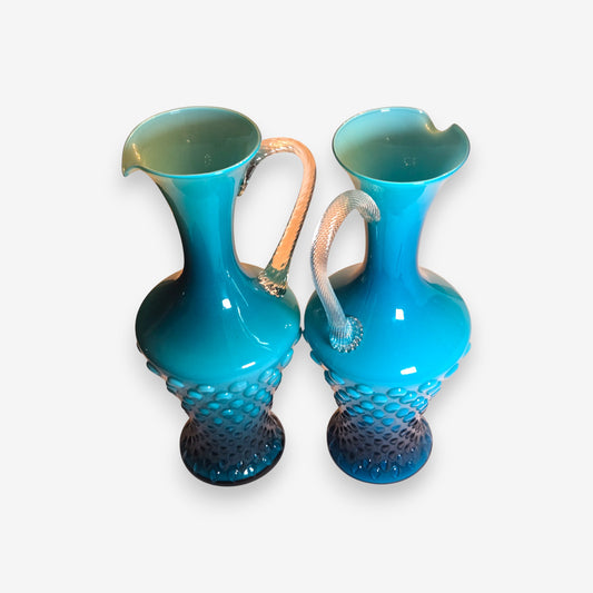 Pair of Vintage Opaline Glass Pitchers with Hobnail Texture - Blue