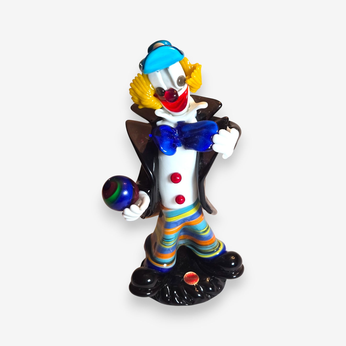 Murano-Attributed Vintage Glass Clown Figurine Holding Ball - Multi-Colour