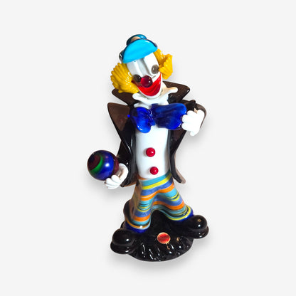 Murano-Attributed Vintage Glass Clown Figurine Holding Ball - Multi-Colour
