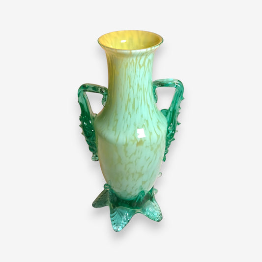 Franz Welz Bohemian Green Mottled Glass Vase with Handles - Green