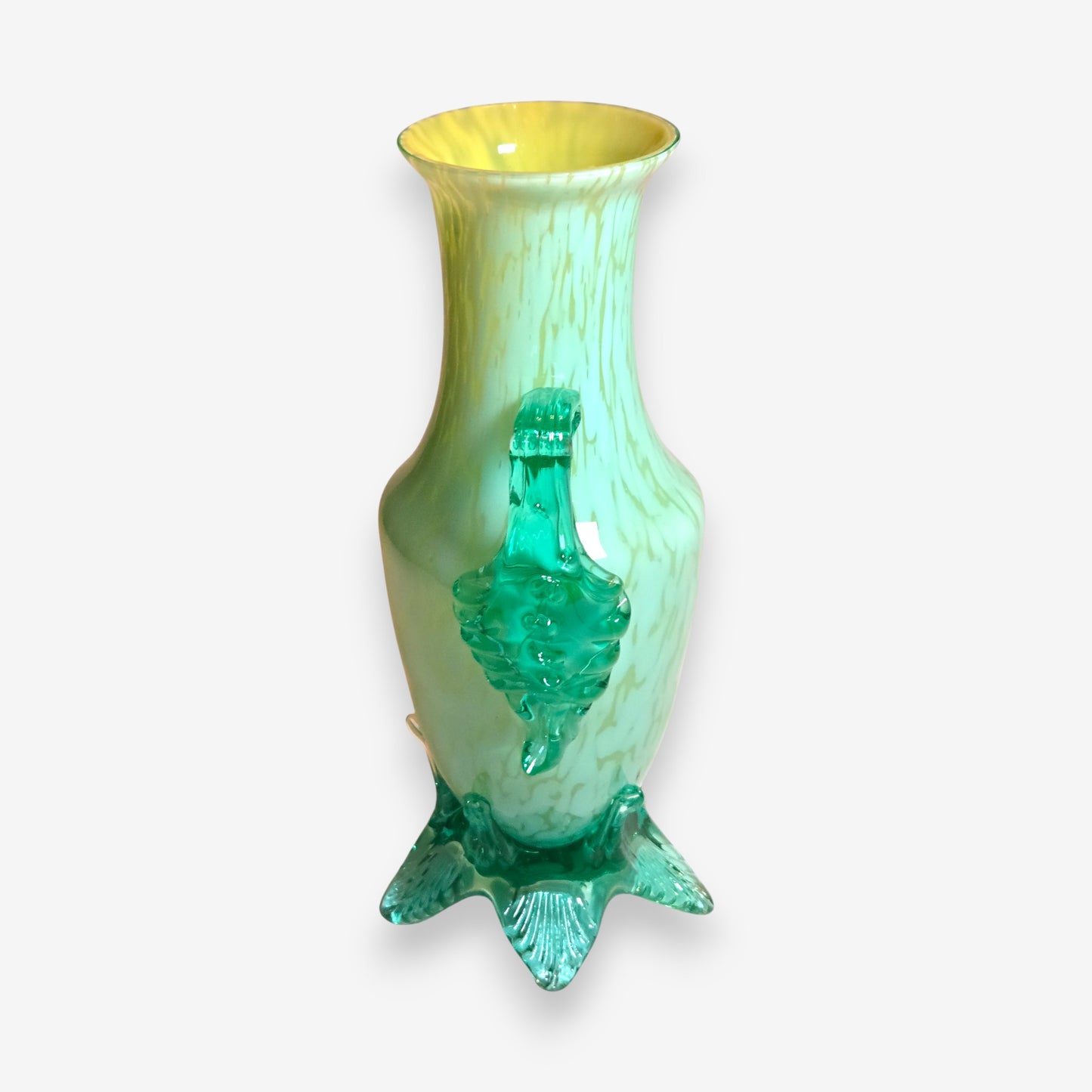 Franz Welz Bohemian Green Mottled Glass Vase with Handles - Green