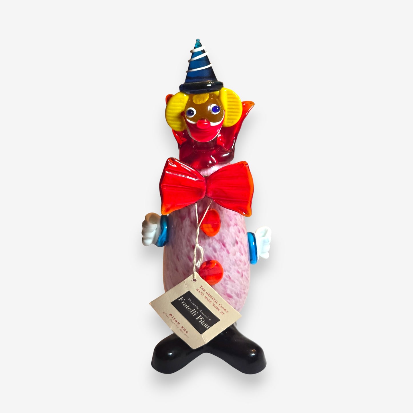 Vintage Murano-Attributed Glass Clown Figurine with Blue Hat - Pink