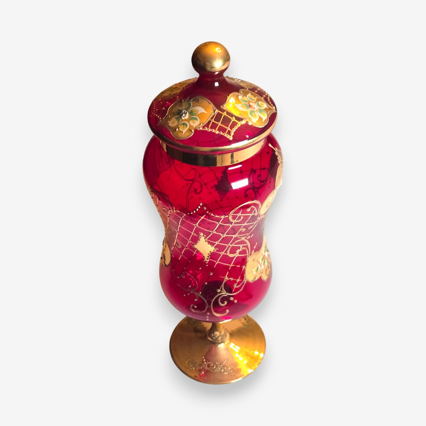 Murano-Attributed Venetian Ruby Glass Covered Jar with Gold Enamel - Red