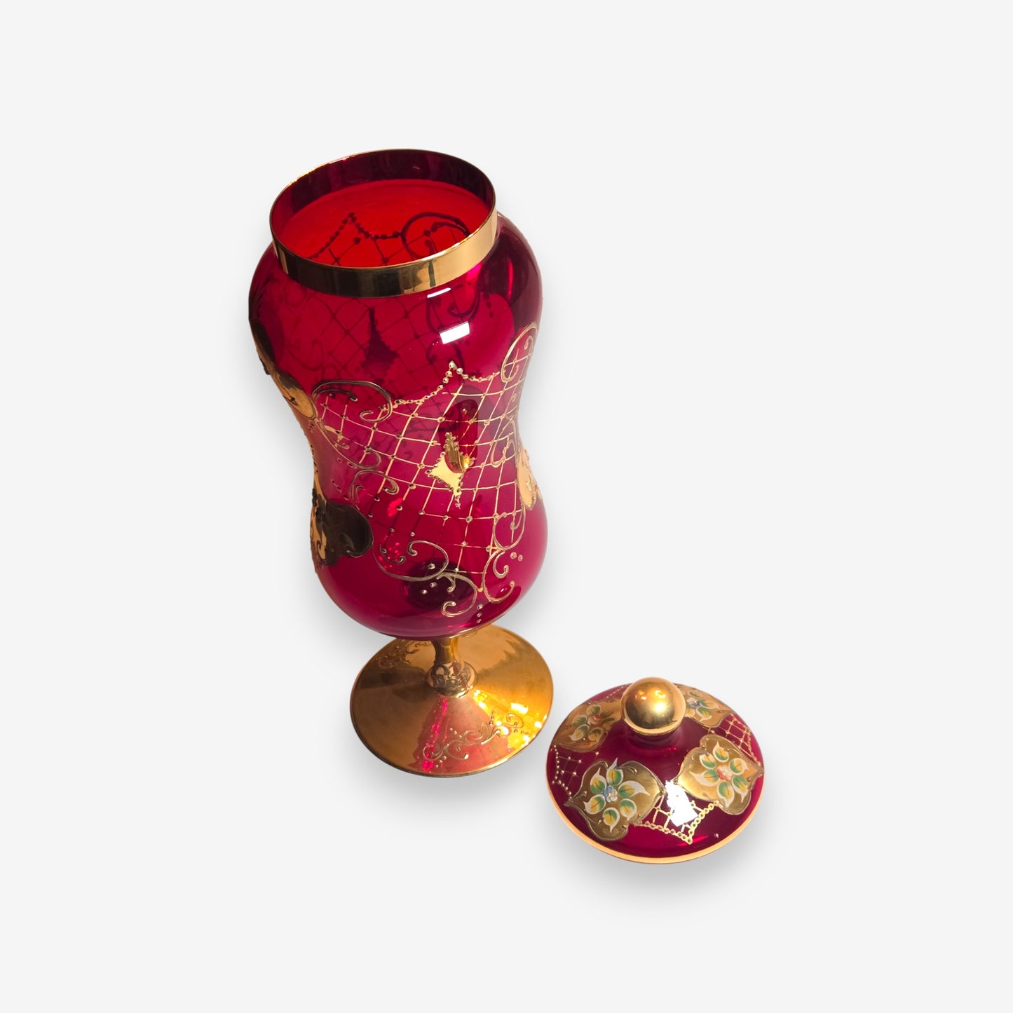 Murano-Attributed Venetian Ruby Glass Covered Jar with Gold Enamel - Red