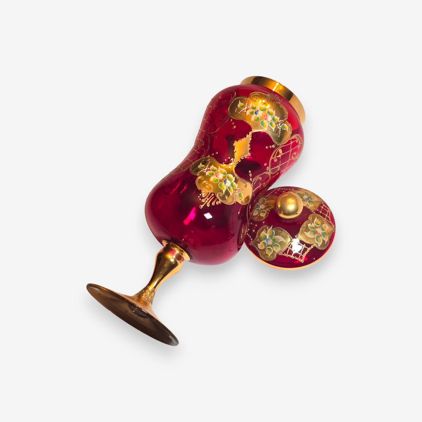 Murano-Attributed Venetian Ruby Glass Covered Jar with Gold Enamel - Red