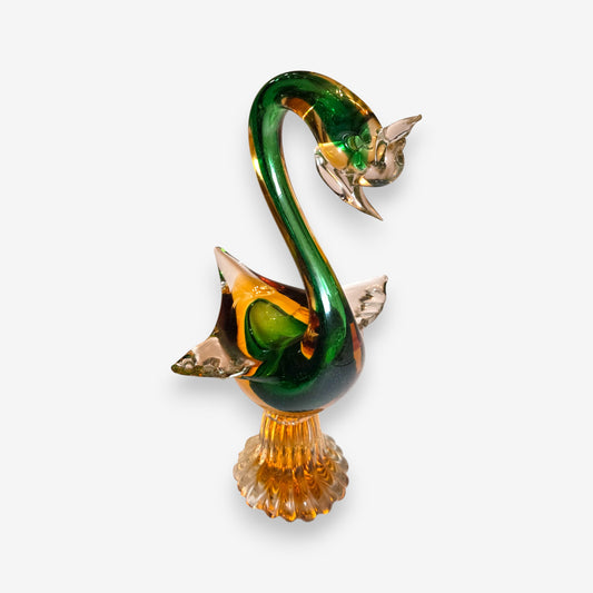 Murano-Attributed Vintage Glass Swan Figurine in Green & Amber Sommerso - Amber