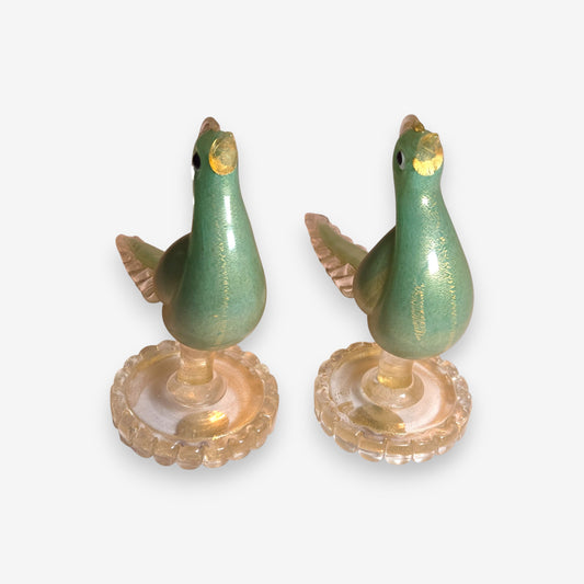 Murano-Attributed Vintage Opalescent Glass Bird Figurines with Gold Accents - Green