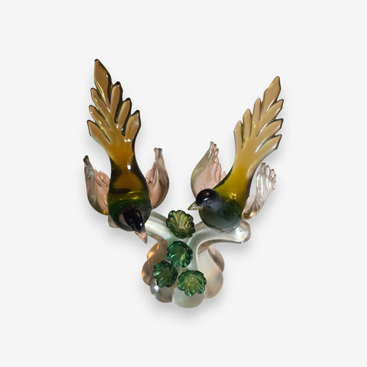 Murano-Attributed Vintage Glass Birds on Branch with Gold Flecks - Green