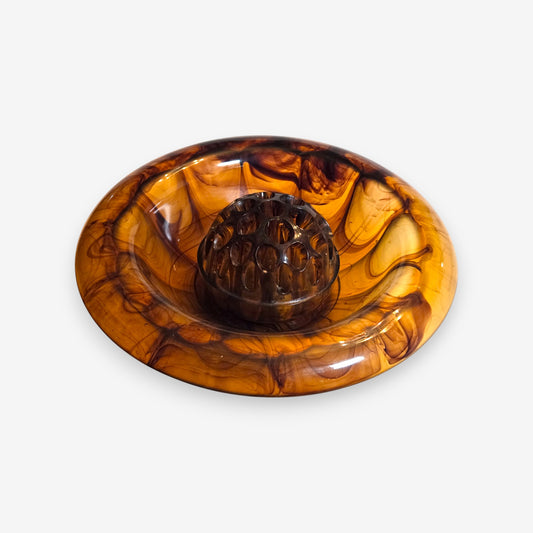Art Deco Davidson Cloud Glass Bowl with Flower Frog - Amber