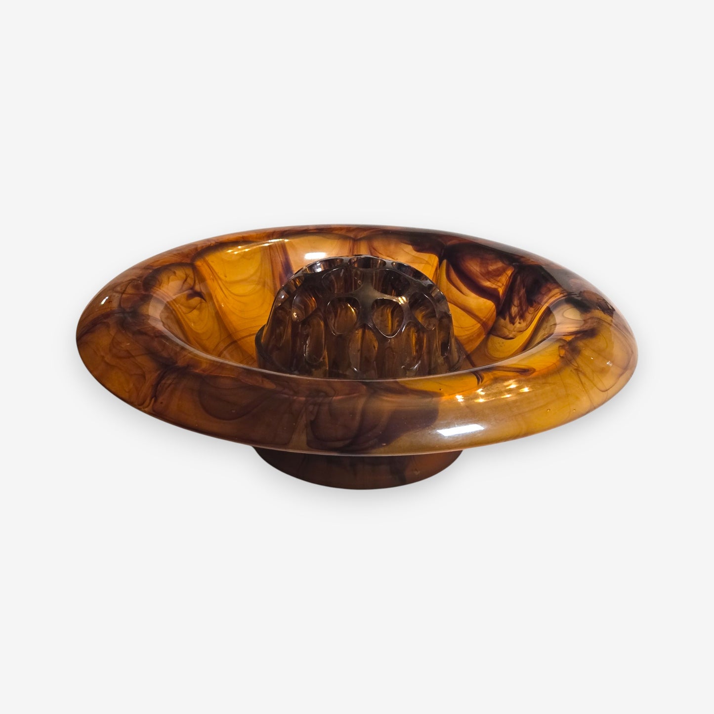Art Deco Davidson Cloud Glass Bowl with Flower Frog - Amber