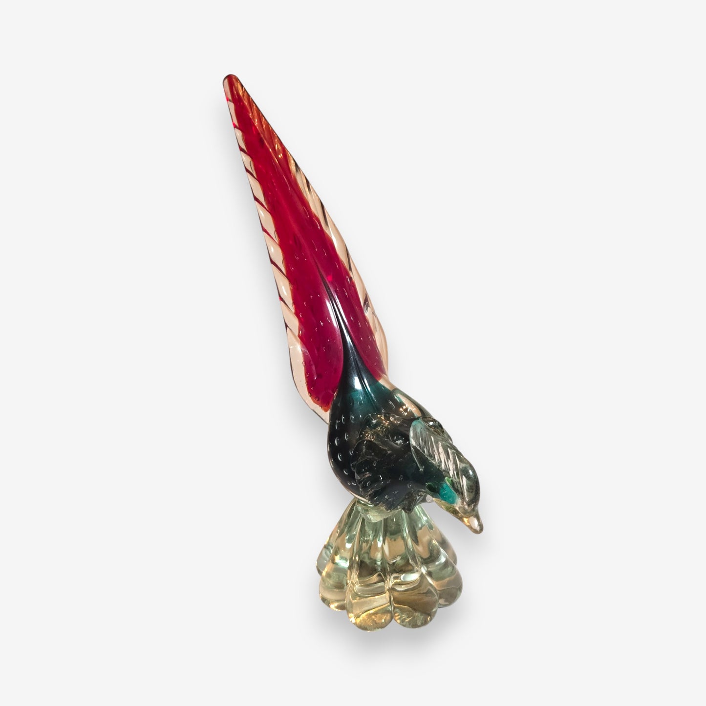 Murano-Attributed Vintage Glass Pheasant Figurine with Aqua Body - Green