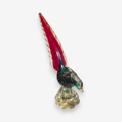 Murano-Attributed Vintage Glass Pheasant Figurine with Aqua Body - Green