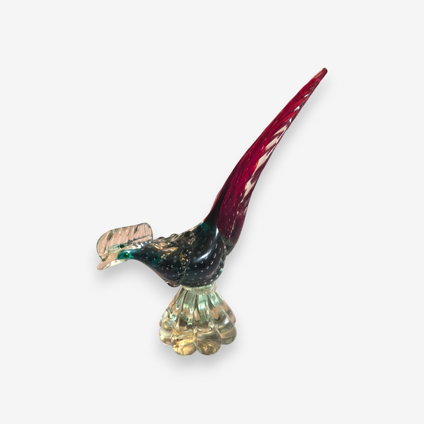 Murano-Attributed Vintage Glass Pheasant Figurine with Aqua Body - Green