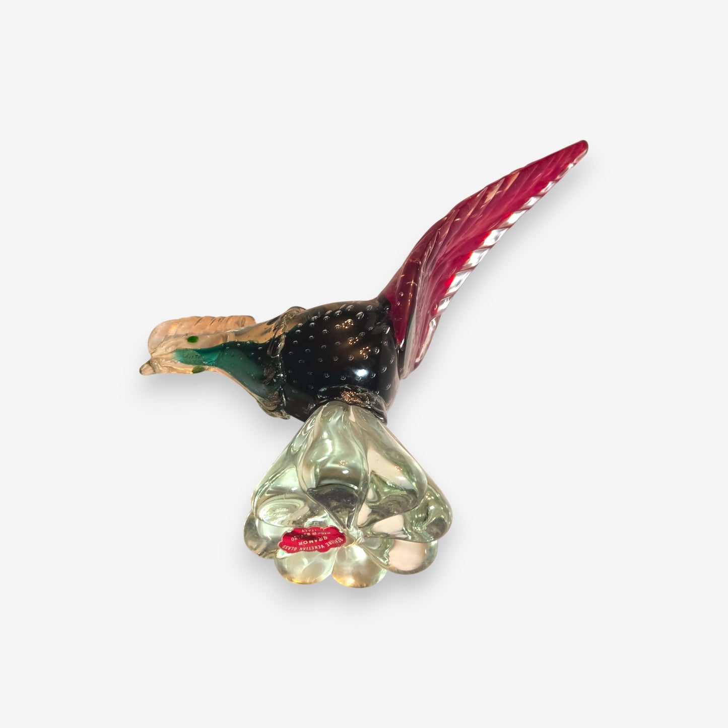 Murano-Attributed Vintage Glass Pheasant Figurine with Aqua Body - Green
