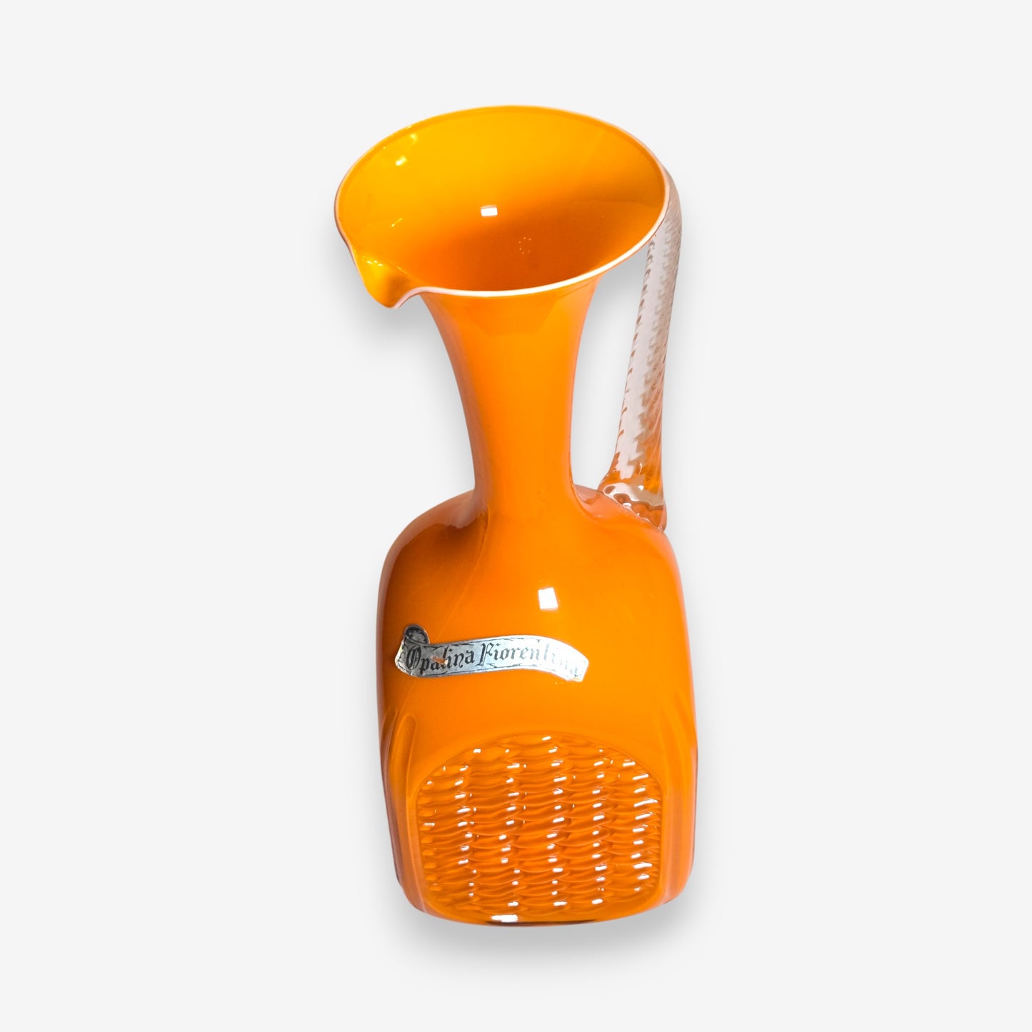 Opalina Fiorentina Orange Glass Jug or Pitcher with Basketweave Base - Orange