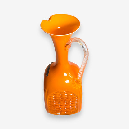 Opalina Fiorentina Orange Glass Jug or Pitcher with Basketweave Base - Orange