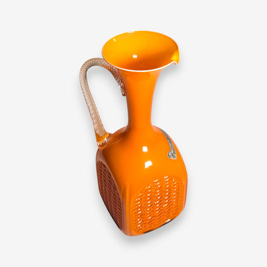 Opalina Fiorentina Orange Glass Jug or Pitcher with Basketweave Base - Orange