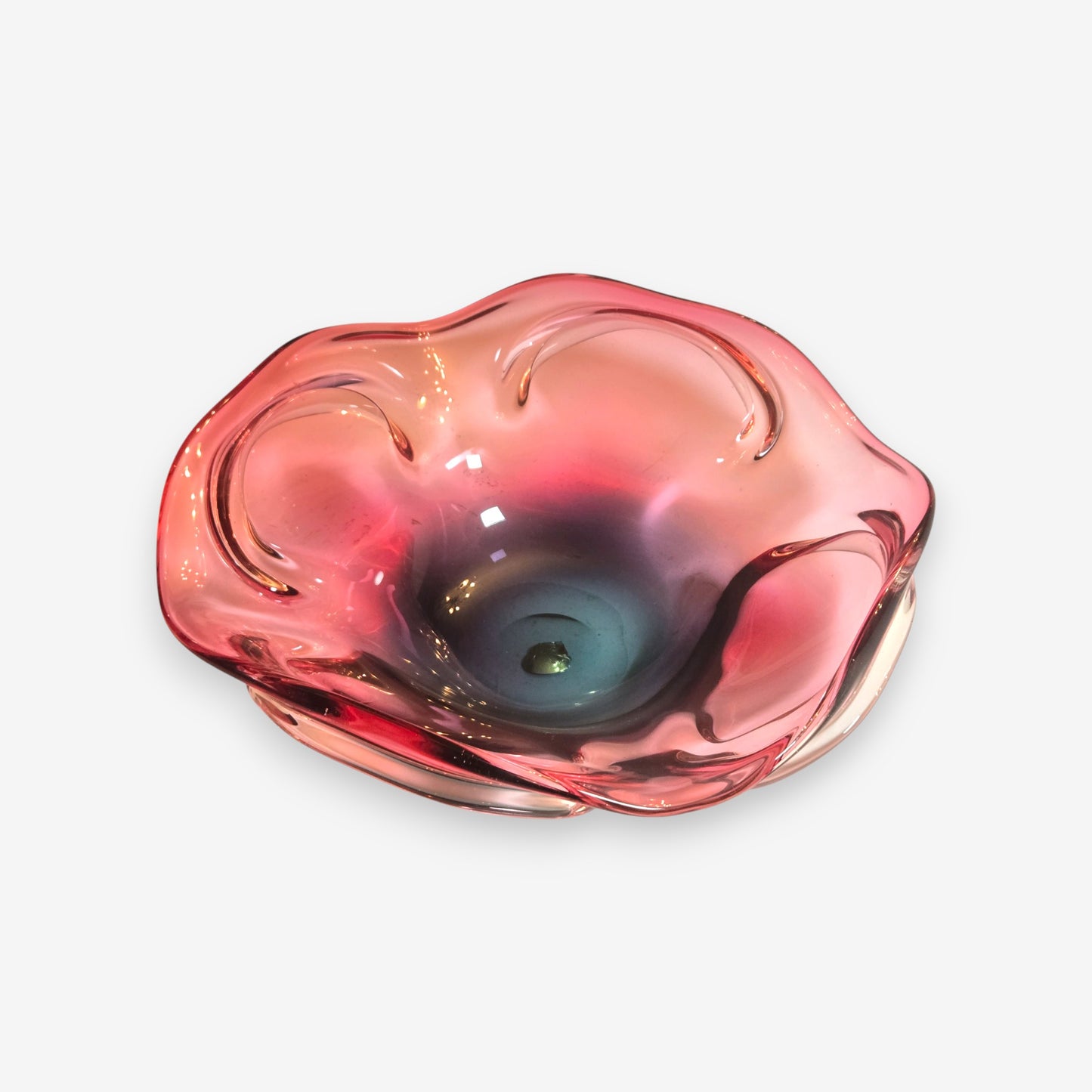 Murano-Attributed Vintage Glass Centerpiece Bowl with Wavy Pink Rim - Pink