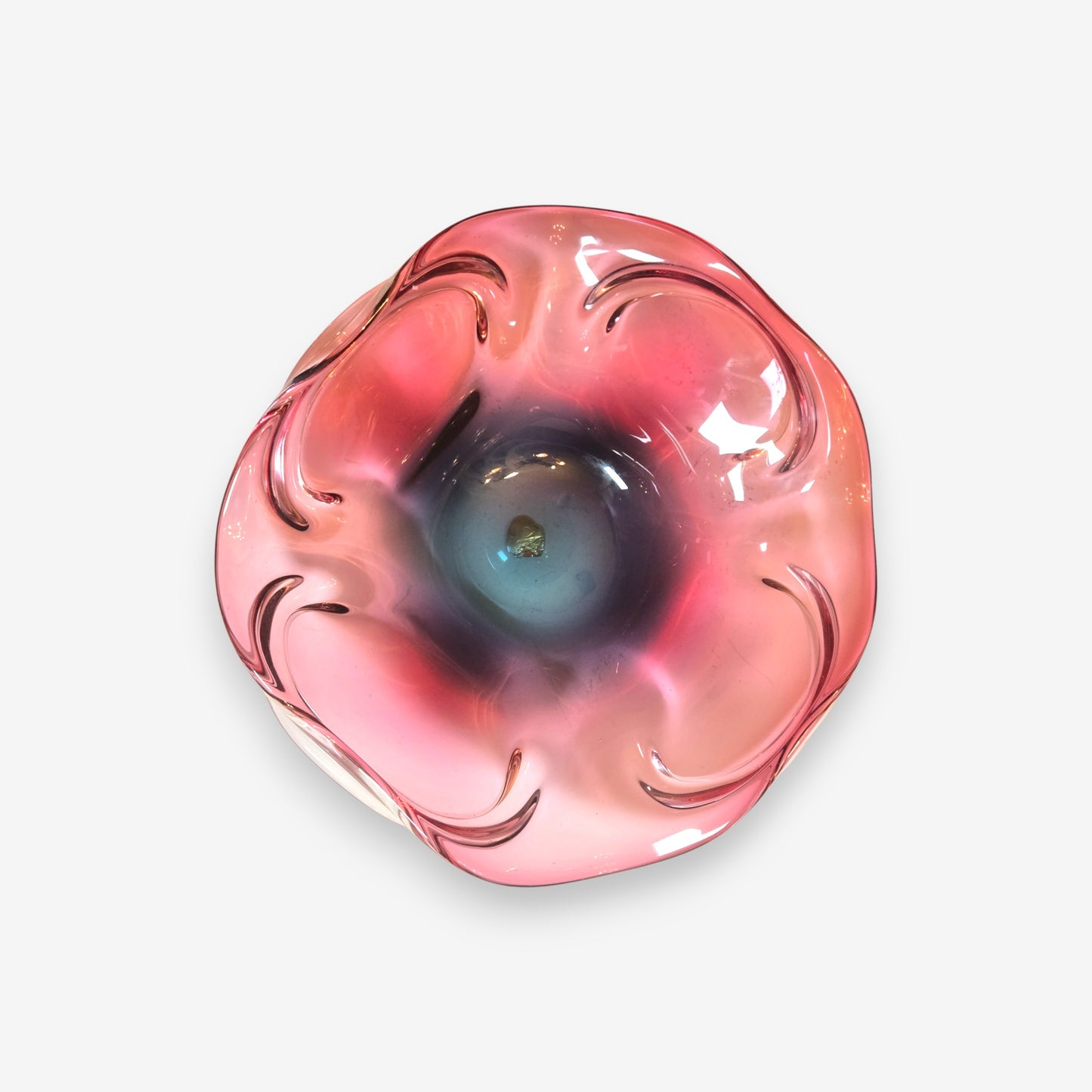 Murano-Attributed Vintage Glass Centerpiece Bowl with Wavy Pink Rim - Pink