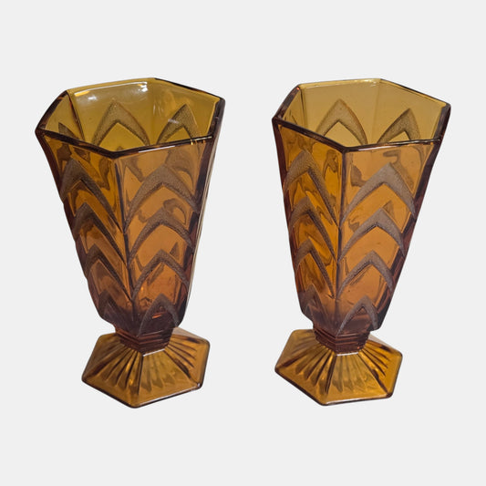 Vintage Amber Glass Vases Deco Geometric - Amber