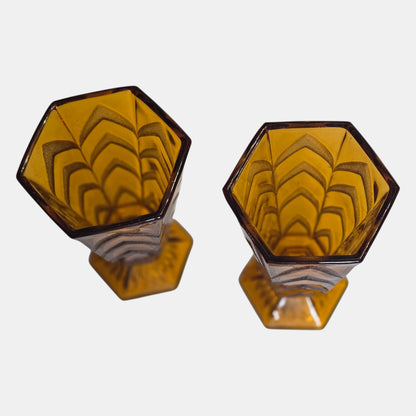 Vintage Amber Glass Vases Deco Geometric - Amber
