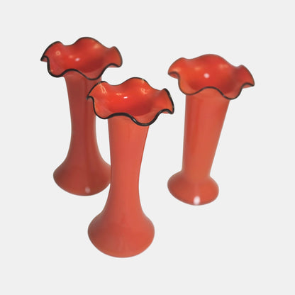 Three Art Deco Tango Glass Vases Colour Rims - Red