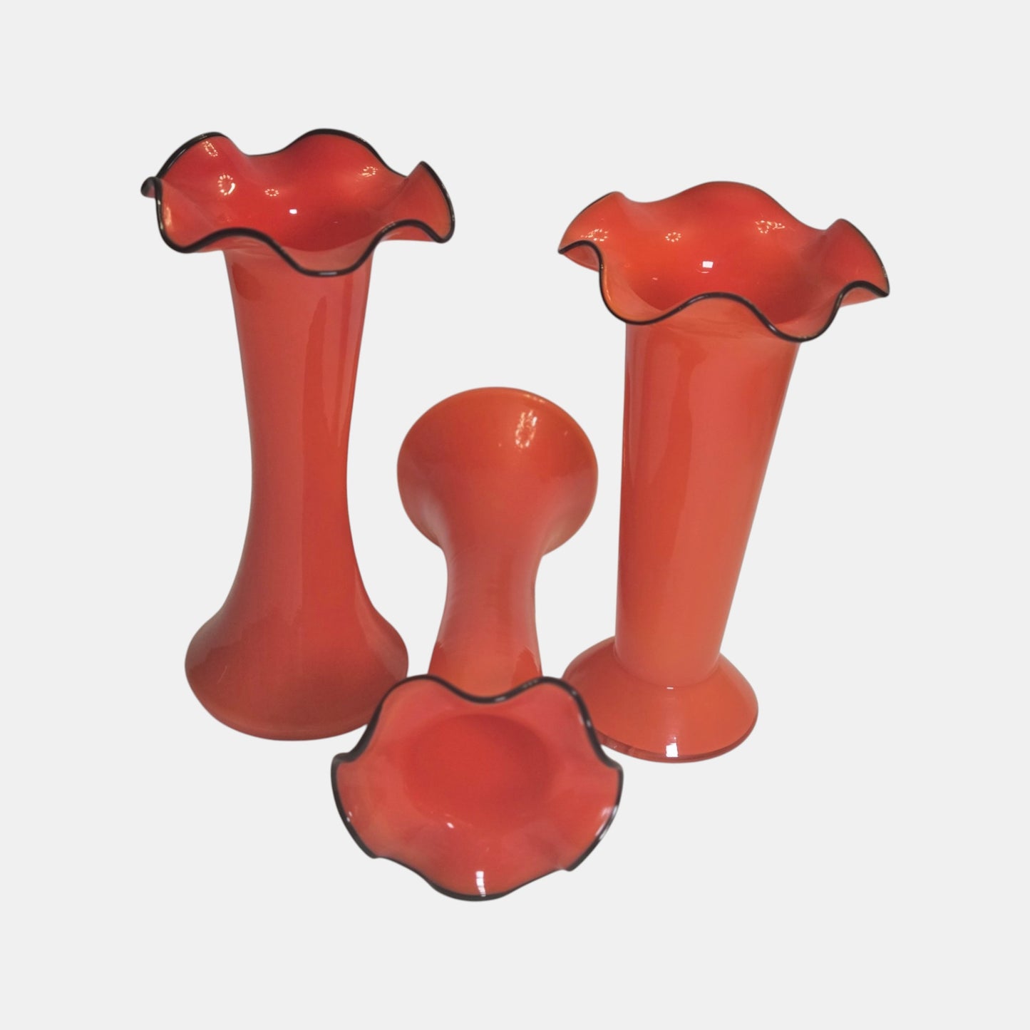 Three Art Deco Tango Glass Vases Colour Rims - Red