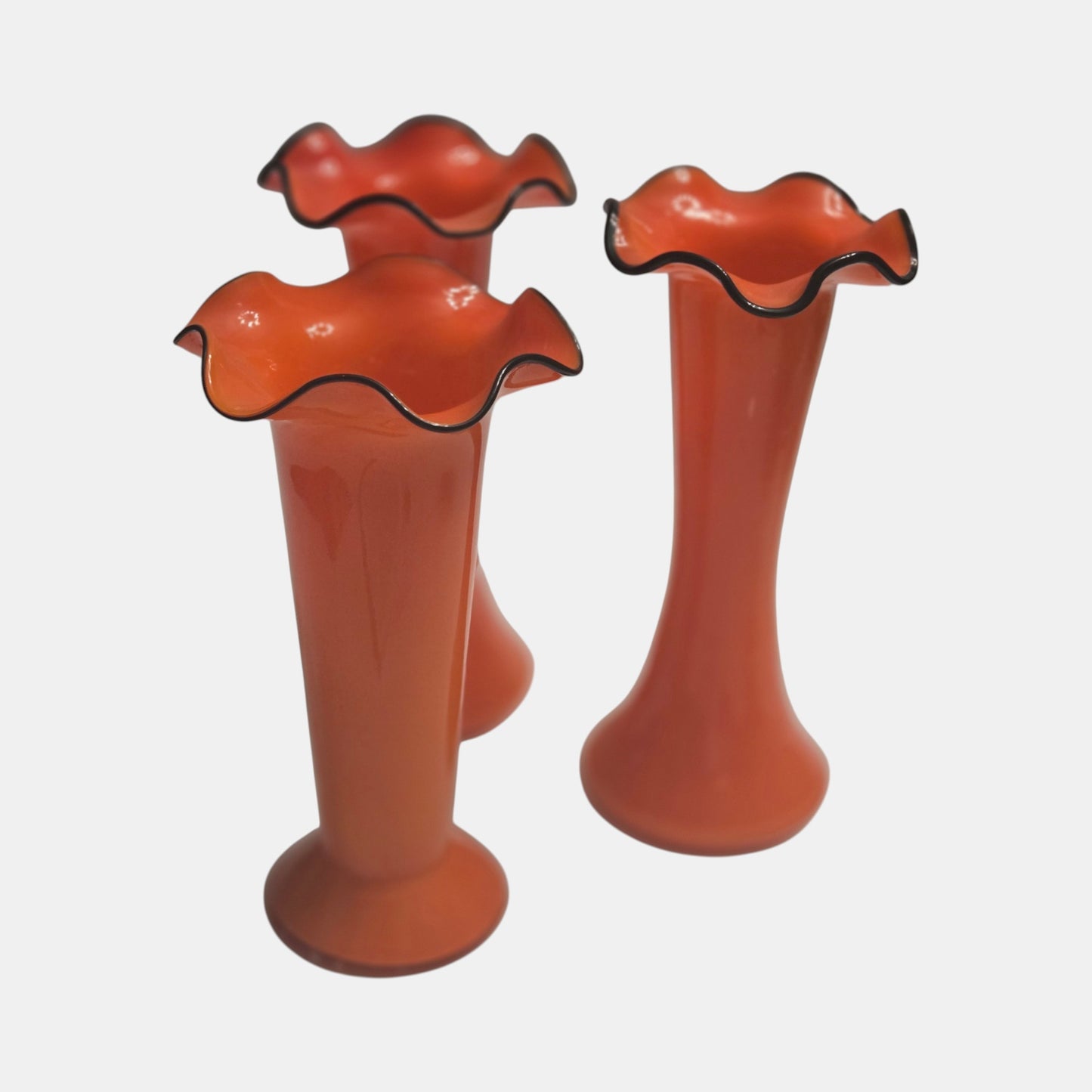 Three Art Deco Tango Glass Vases Colour Rims - Red