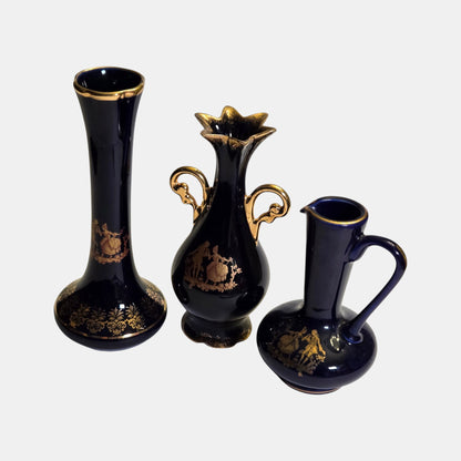 Limogen Castel Porcelain Vases Gold Scenes - Cobalt Blue