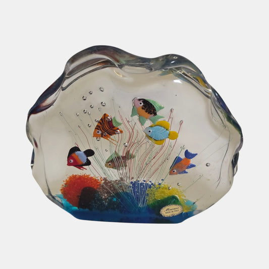Murano Glass Aquarium With Six Fish Italy Clear - Multi