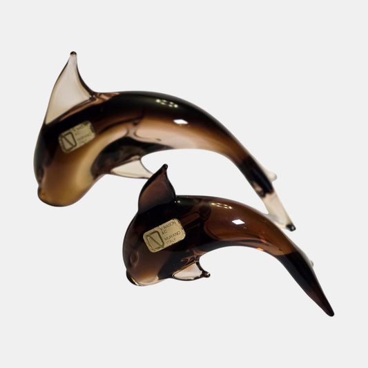 Murano Pair Of Dophiness Smoked Amber Brown Glass - Smokey Grey