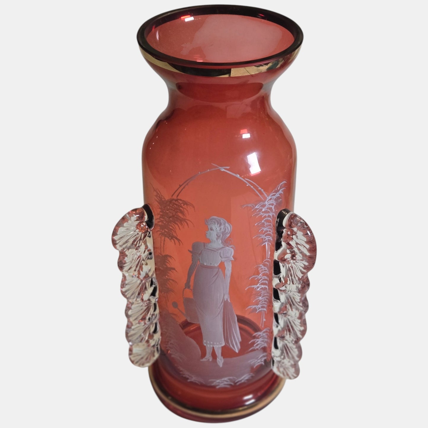 Mary Gregory Ruby red Glass Vase With Painted Picture - Cranbery/Red