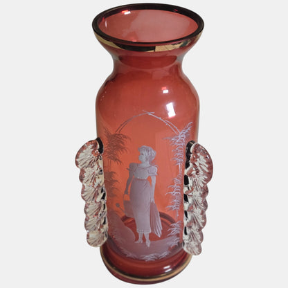 Mary Gregory Ruby red Glass Vase With Painted Picture - Cranbery/Red