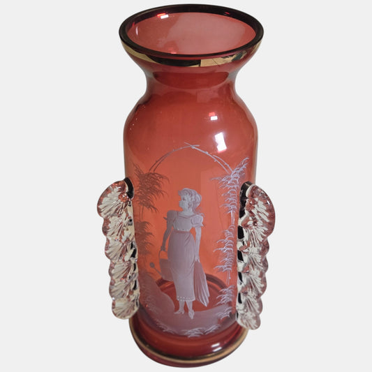 Mary Gregory Ruby red Glass Vase With Painted Picture - Cranbery/Red