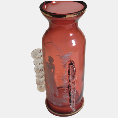 Mary Gregory Ruby red Glass Vase With Painted Picture - Cranbery/Red