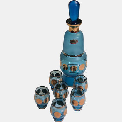 Bohemian Blue Glass Decanter Set with Six Glasses - Blue/Gold