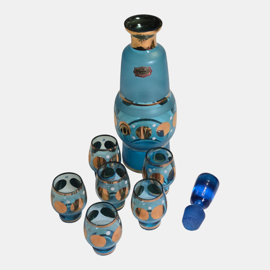 Bohemian Blue Glass Decanter Set with Six Glasses - Blue/Gold