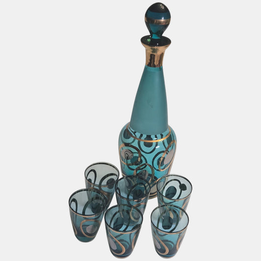 Bohemian Czech Vintage Blue and Gold Decanter Set - Blue/Gold