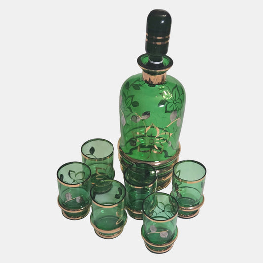 Bohemian Czech Vintage Green and Gold Decanter Set - Green/Gold
