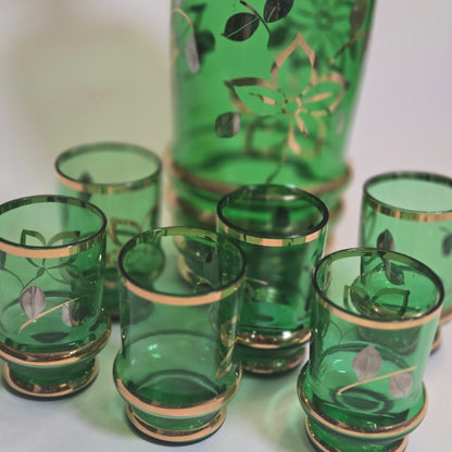 Bohemian Czech Vintage Green and Gold Decanter Set - Green/Gold