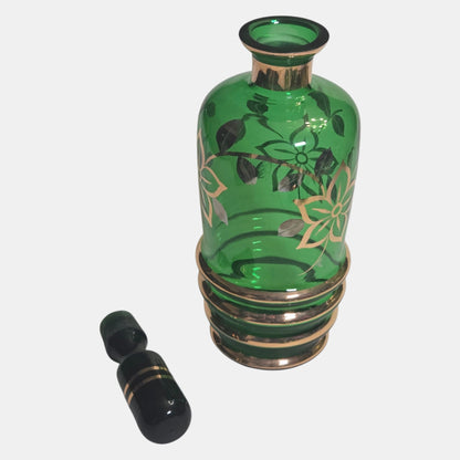 Bohemian Czech Vintage Green and Gold Decanter Set - Green/Gold