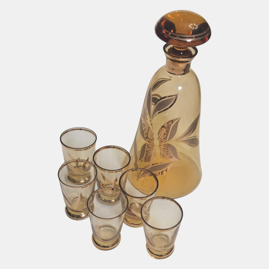 Bohemian Czech Vintage Amber and Gold Decanter Set - Amber/Gold