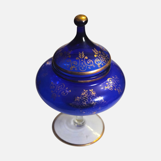 Vintage Cobalt Blue Glass Pedestal Candy Dish - Blue/Gold