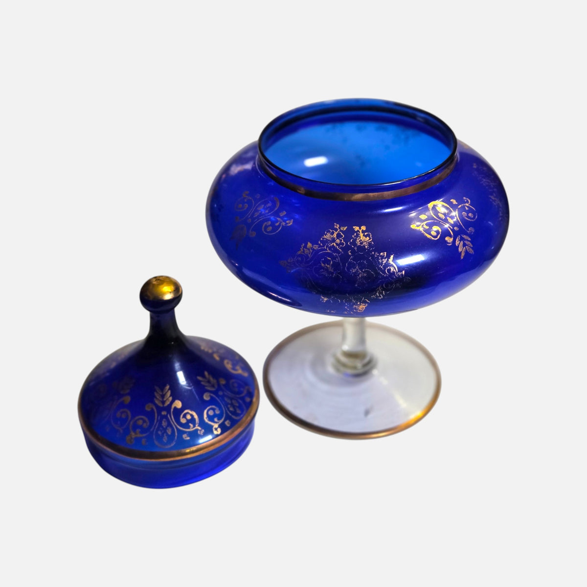 Vintage Cobalt Blue Glass Pedestal Candy Dish - Blue/Gold
