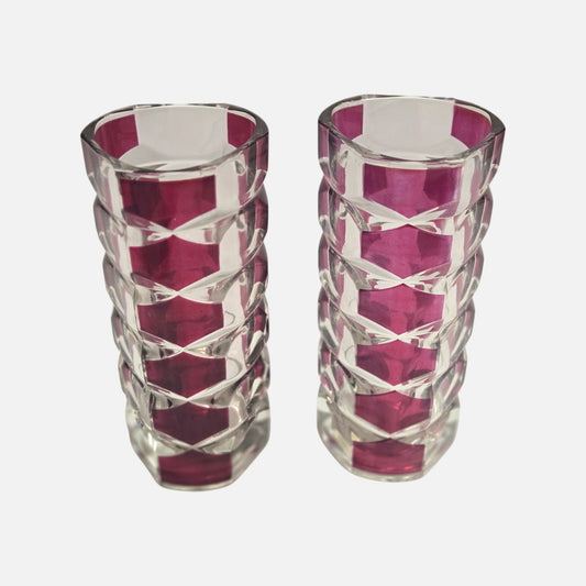 Pair Of Art Glass Czech Ruby Red And Clear Crystal - Ruby Red