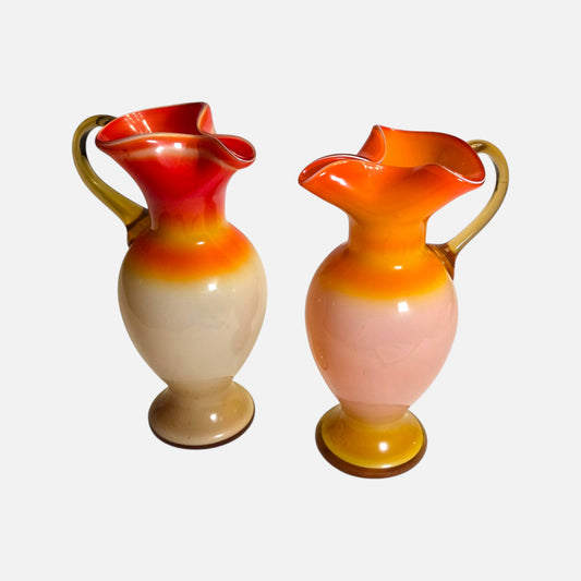 Czech Bohemian Amberina Pair Of Glass Jugs - Orange/Red