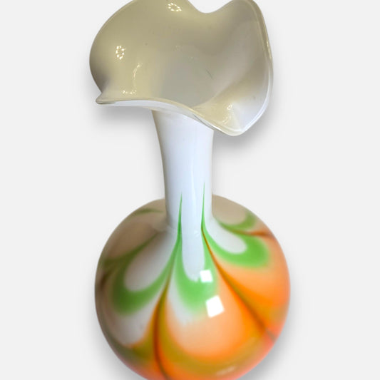 Opaline Vintage Orange/Green/White Glass Vase - Orange/Lime