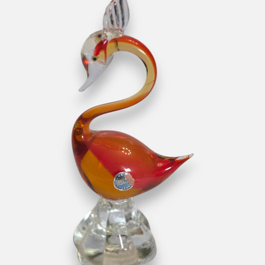 Murano Vintage Red And Amber Orange Glass Bird - Red/Orange